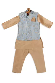 Infant Boys Grey Silk Blend Jacket, Kurta And Pyjama Set