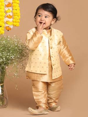 Infant  Rose Gold Silk Blend Jacket, Kurta And Pyjama Set 2