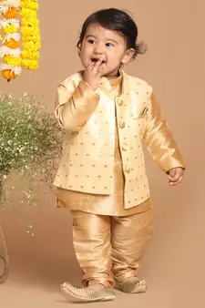 Infant  Rose Gold Silk Blend Jacket, Kurta And Pyjama Set