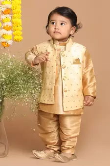 Infant  Rose Gold Silk Blend Jacket, Kurta And Pyjama Set
