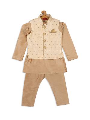 Infant  Rose Gold Silk Blend Jacket, Kurta And Pyjama Set 4