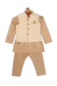 Infant  Rose Gold Silk Blend Jacket, Kurta And Pyjama Set