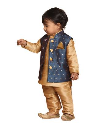 Infant  Rose Gold And Persian Blue Silk Blend Jacket, Kurta And Pyjama Set 2