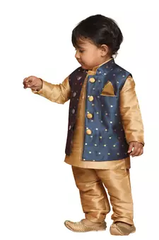 Infant  Rose Gold And Persian Blue Silk Blend Jacket, Kurta And Pyjama Set