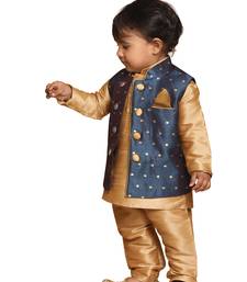 Infant Boys Rose Gold And Persian Blue Silk Blend Jacket, Kurta And Pyjama Set