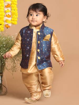 Infant  Rose Gold And Persian Blue Silk Blend Jacket, Kurta And Pyjama Set 1