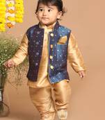 Infant  Rose Gold And Persian Blue Silk Blend Jacket, Kurta And Pyjama Set