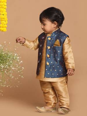 Infant  Rose Gold And Persian Blue Silk Blend Jacket, Kurta And Pyjama Set 3