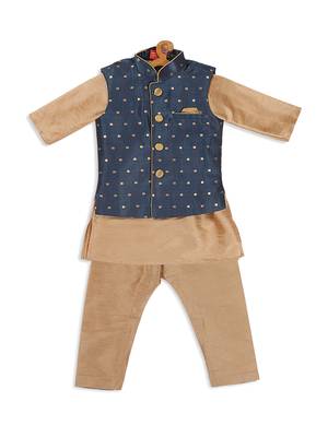 Infant  Rose Gold And Persian Blue Silk Blend Jacket, Kurta And Pyjama Set 4