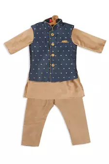 Infant  Rose Gold And Persian Blue Silk Blend Jacket, Kurta And Pyjama Set