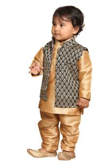 Infant Boys Rose Gold Silk Blend Jacket, Kurta And Pyjama Set