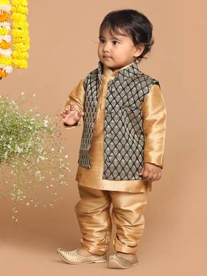 Infant  Rose Gold Silk Blend Jacket, Kurta And Pyjama Set 2