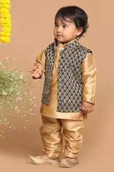 Infant  Rose Gold Silk Blend Jacket, Kurta And Pyjama Set