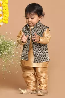 Infant  Rose Gold Silk Blend Jacket, Kurta And Pyjama Set