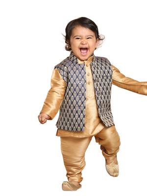 Infant  Rose Gold Silk Blend Jacket, Kurta And Pyjama Set 1