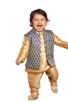Infant Boys Rose Gold Silk Blend Jacket, Kurta And Pyjama Set