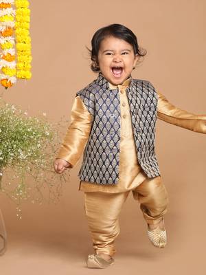 Infant  Rose Gold Silk Blend Jacket, Kurta And Pyjama Set 2