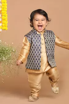 Infant  Rose Gold Silk Blend Jacket, Kurta And Pyjama Set