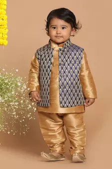 Infant  Rose Gold Silk Blend Jacket, Kurta And Pyjama Set