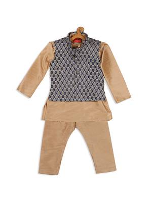 Infant  Rose Gold Silk Blend Jacket, Kurta And Pyjama Set 4