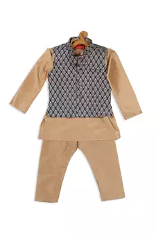 Infant  Rose Gold Silk Blend Jacket, Kurta And Pyjama Set
