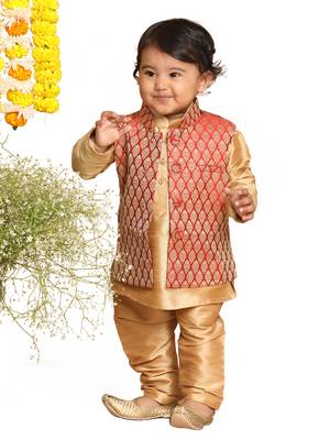 Infant  Rose Gold Silk Blend Jacket, Kurta And Pyjama Set 1