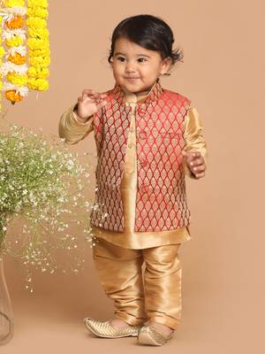 Infant  Rose Gold Silk Blend Jacket, Kurta And Pyjama Set 2