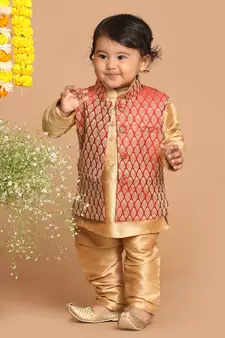 Infant  Rose Gold Silk Blend Jacket, Kurta And Pyjama Set