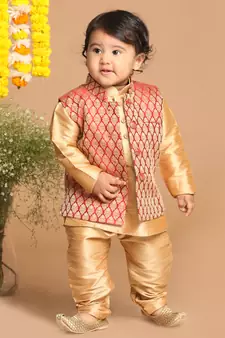 Infant  Rose Gold Silk Blend Jacket, Kurta And Pyjama Set
