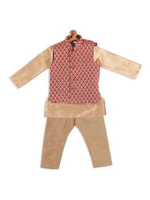 Infant  Rose Gold Silk Blend Jacket, Kurta And Pyjama Set 4