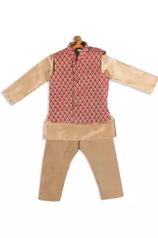 Infant  Rose Gold Silk Blend Jacket, Kurta And Pyjama Set