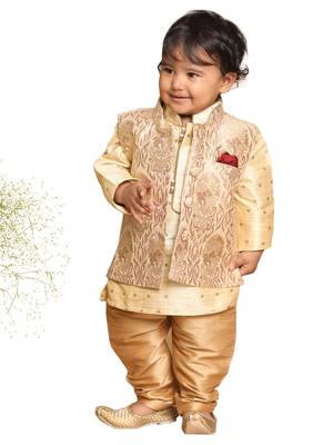 Infant  Gold Silk Blend Jacket, Kurta And Pyjama Set 1