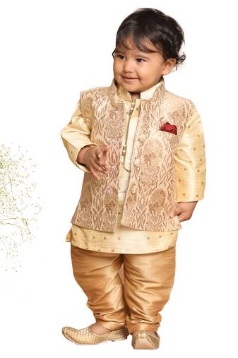 Infant Boys Gold Silk Blend Jacket, Kurta And Pyjama Set