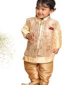 Infant  Gold Silk Blend Jacket, Kurta And Pyjama Set