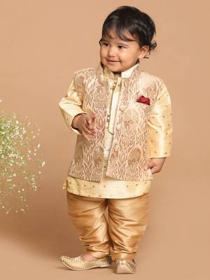 Infant  Gold Silk Blend Jacket, Kurta And Pyjama Set 2