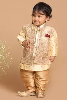 Infant  Gold Silk Blend Jacket, Kurta And Pyjama Set