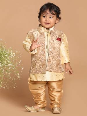 Infant  Gold Silk Blend Jacket, Kurta And Pyjama Set 3