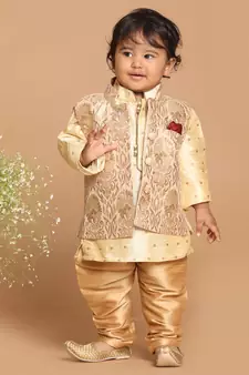 Infant  Gold Silk Blend Jacket, Kurta And Pyjama Set