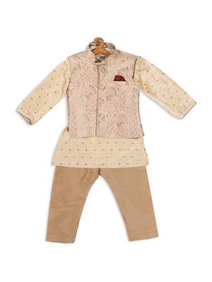 Infant  Gold Silk Blend Jacket, Kurta And Pyjama Set 4