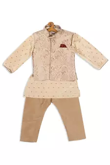 Infant  Gold Silk Blend Jacket, Kurta And Pyjama Set