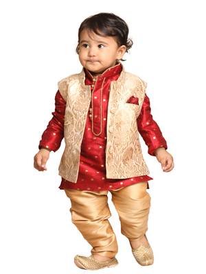 Infant  Maroon And Gold Silk Blend Jacket, Kurta And Pyjama Set 1