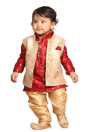 Infant Boys Maroon And Gold Silk Blend Jacket, Kurta And Pyjama Set