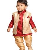Infant Boys Maroon And Gold Silk Blend Jacket, Kurta And Pyjama Set
