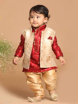 Infant  Maroon And Gold Silk Blend Jacket, Kurta And Pyjama Set 2
