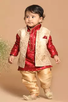 Infant  Maroon And Gold Silk Blend Jacket, Kurta And Pyjama Set