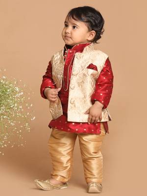 Infant  Maroon And Gold Silk Blend Jacket, Kurta And Pyjama Set 3