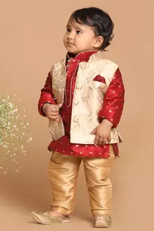 Infant  Maroon And Gold Silk Blend Jacket, Kurta And Pyjama Set
