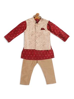 Infant  Maroon And Gold Silk Blend Jacket, Kurta And Pyjama Set 4