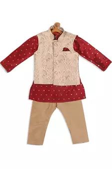 Infant  Maroon And Gold Silk Blend Jacket, Kurta And Pyjama Set