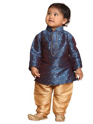 Infant  Persian Blue And Rose Gold Silk Blend Kurta Pyjama Set 1